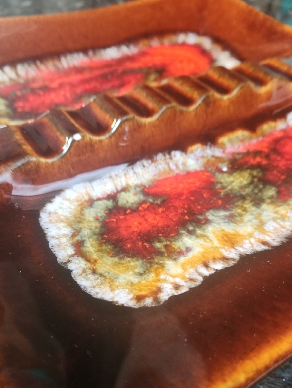 Vintage Ceramic 10" Square Ashtray with Reactive Glaze Brown & Red - Picture 3 of 5